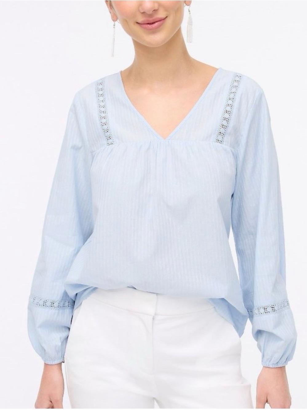 J. Crew Coastal Grandma Light Blue Cotton Lace Inset Peasant Long Sleeve Blouse